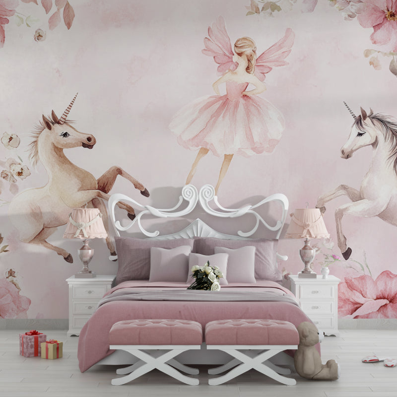 Unicorn and fairy wallpaper creating a magical atmosphere in a modern kids room