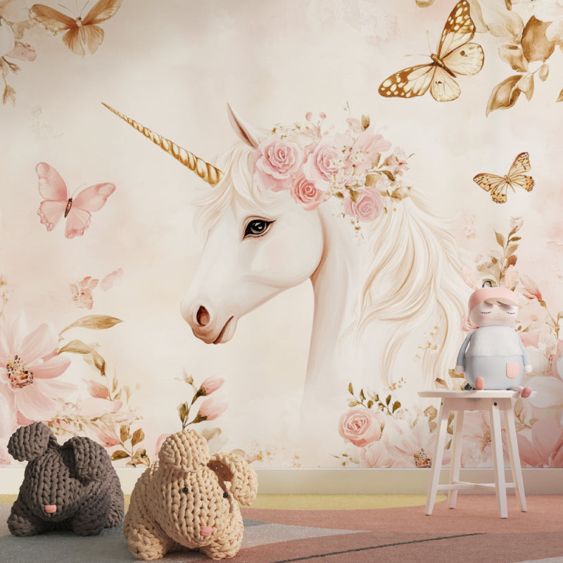 Little girl's bedroom with magical unicorn wall mural and butterfly details