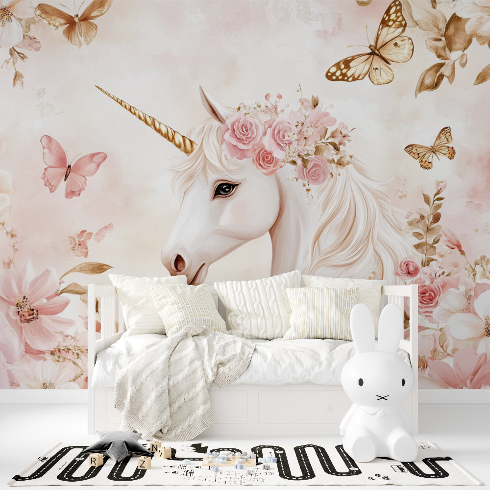 Playroom featuring fantasy unicorn wallpaper with soft floral elements
