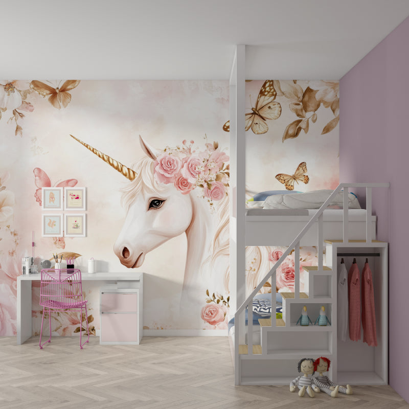 Reading nook with dreamy unicorn wall design and golden butterfly accents