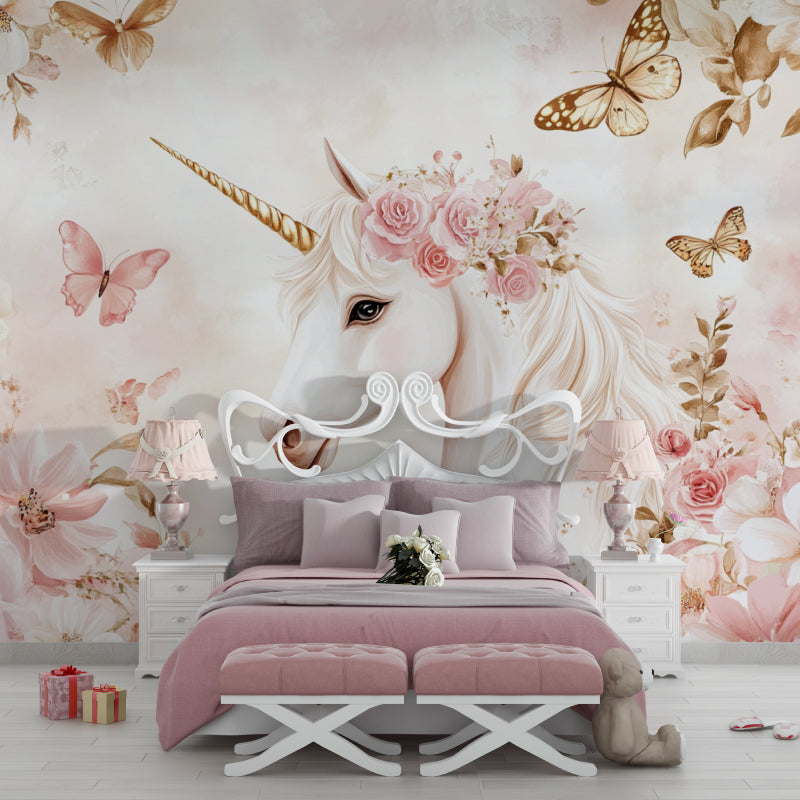 Baby girl's room with gentle unicorn mural wallpaper and rose details