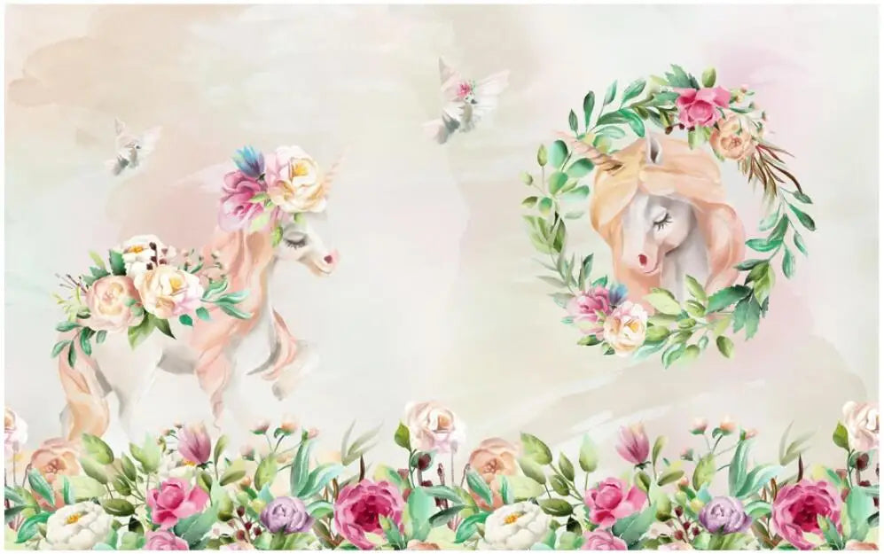 Unicorn garden wallpaper design file showing detailed floral pattern with watercolor unicorns and roses