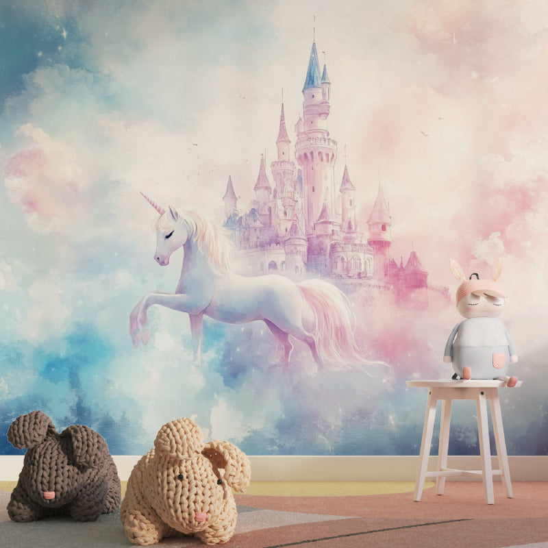 Magical unicorn wallpaper creating a dreamy atmosphere in a nursery