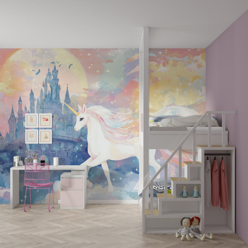 Unicorn castle wallpaper in a bright girl's bedroom showing magical rainbow effects