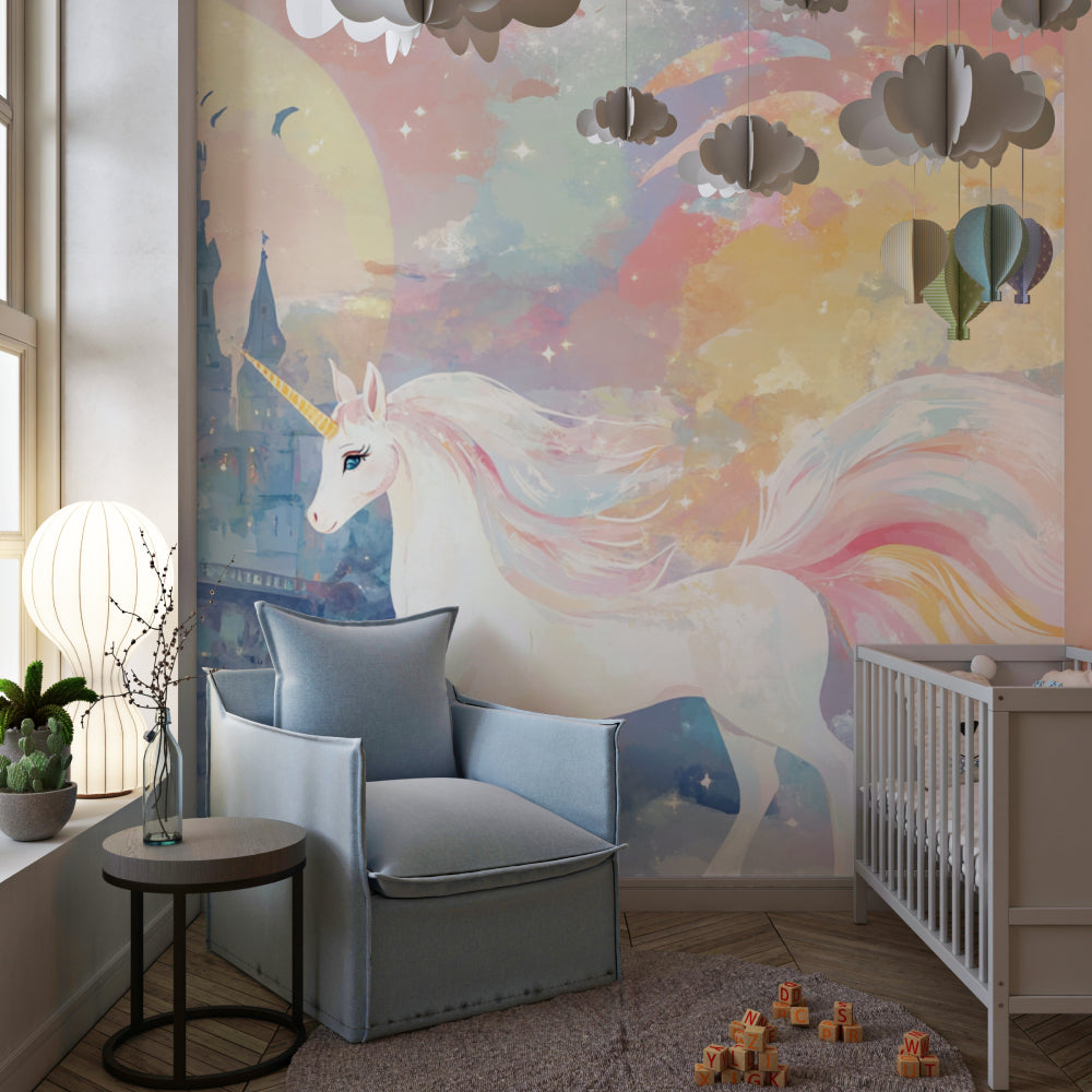 Magical unicorn wallpaper creating wonder in a child's playroom