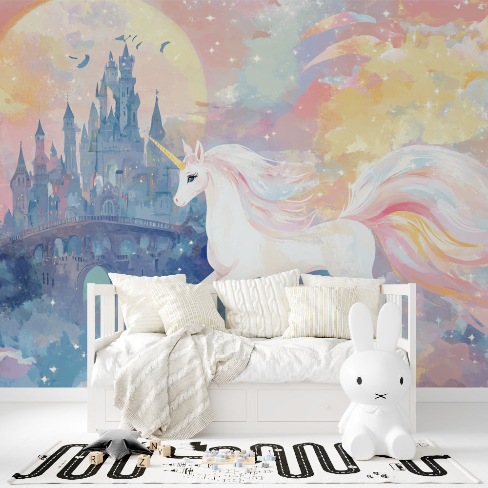 Unicorn wall mural showcased in a princess-themed bedroom