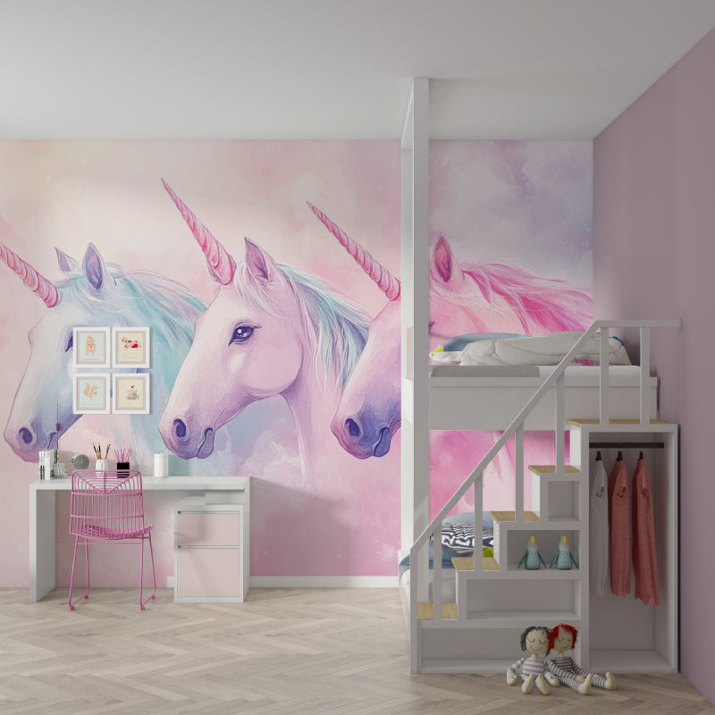 Magical unicorn mural in a modern nursery with minimalist decor