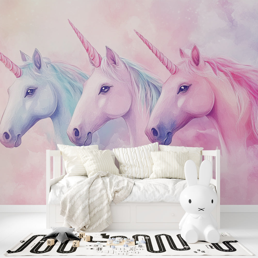 Unicorn wallpaper creating a feature wall in a teen's study area