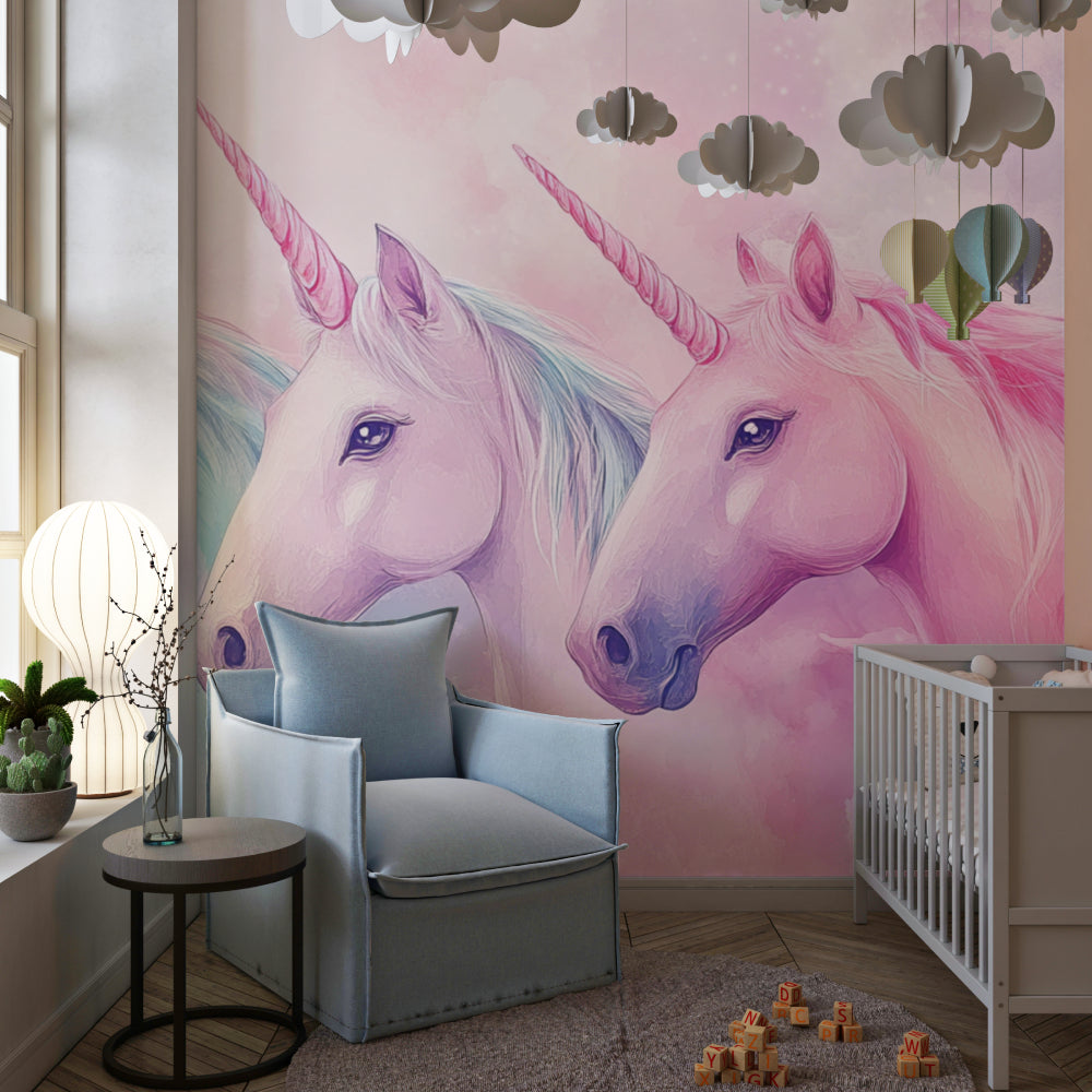 Kids room with unicorn mural wallpaper and matching pastel decor