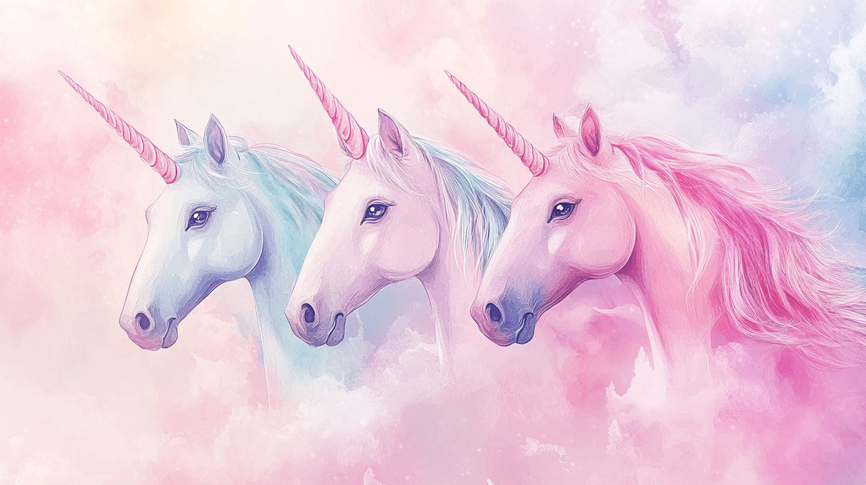 Unicorn mural wallpaper design file showing three magical unicorns in pastel watercolor