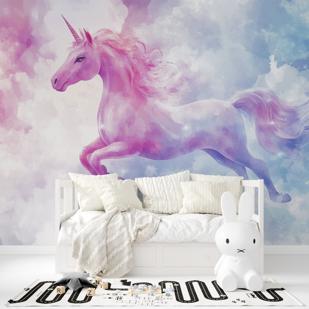 Magical unicorn wall mural creating a dreamy atmosphere in a playroom