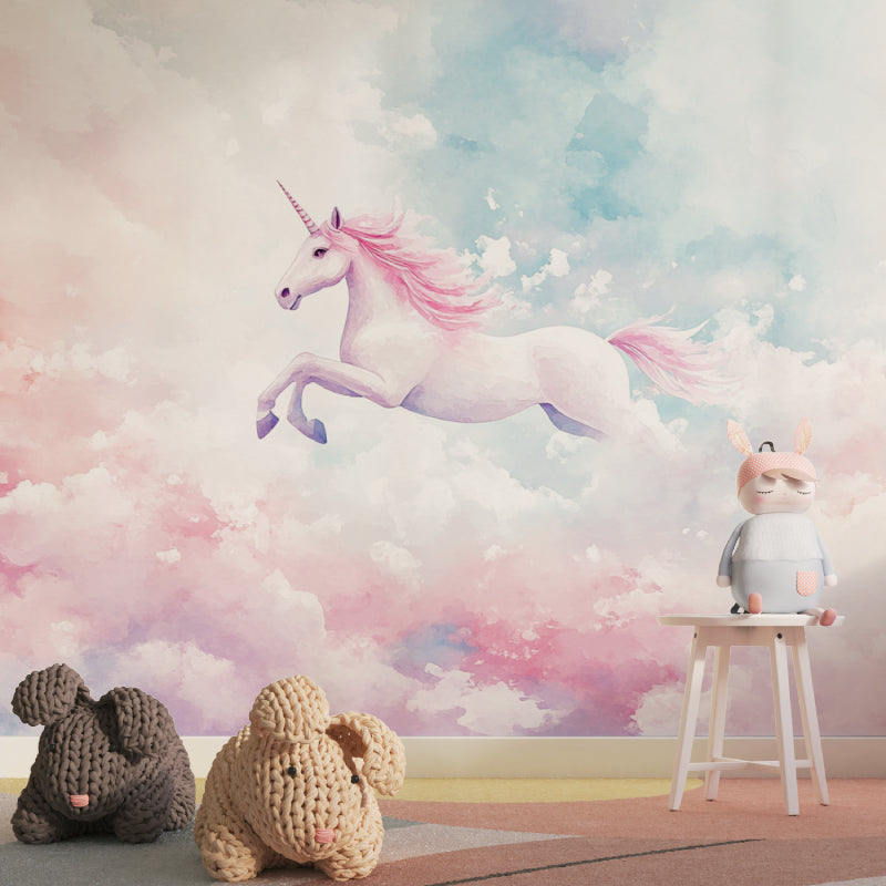 Magical unicorn mural wallpaper styled in a dreamy nursery with soft lighting