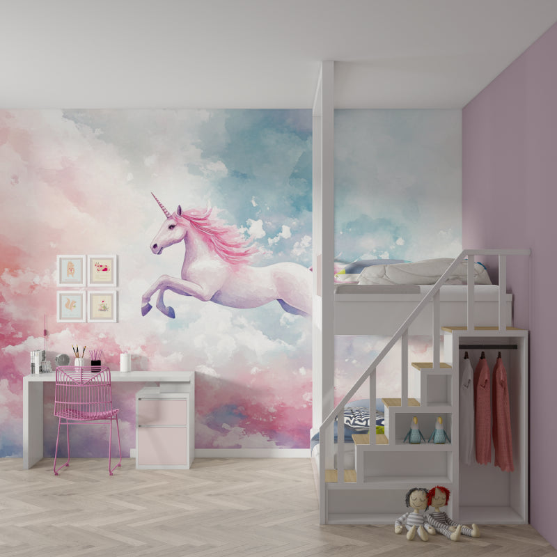 Pink cloud unicorn wallpaper bringing charm to a playroom with reading nook
