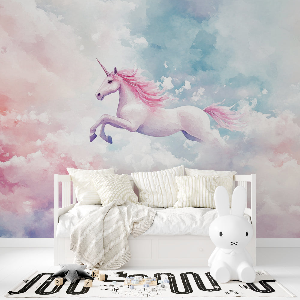Unicorn wall mural featured in a princess-themed bedroom with pink accents