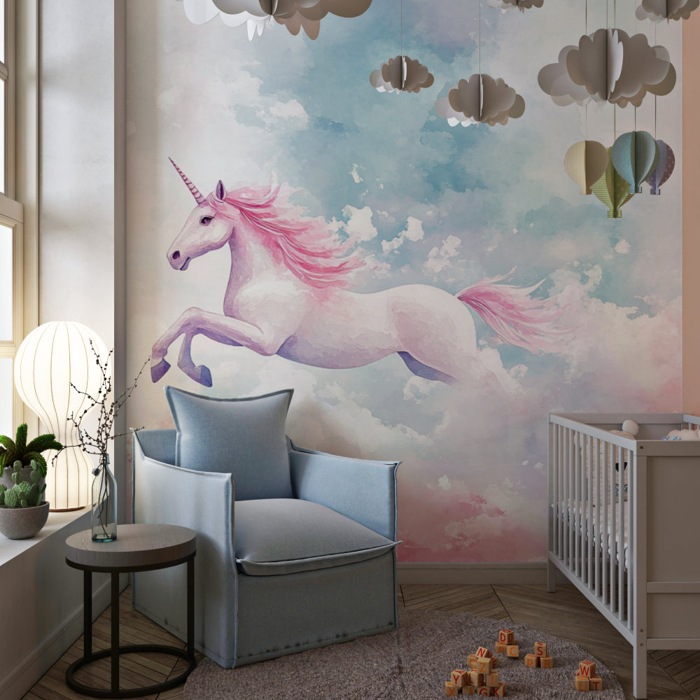 Magical unicorn wallpaper transforming a modern kids room with gold details