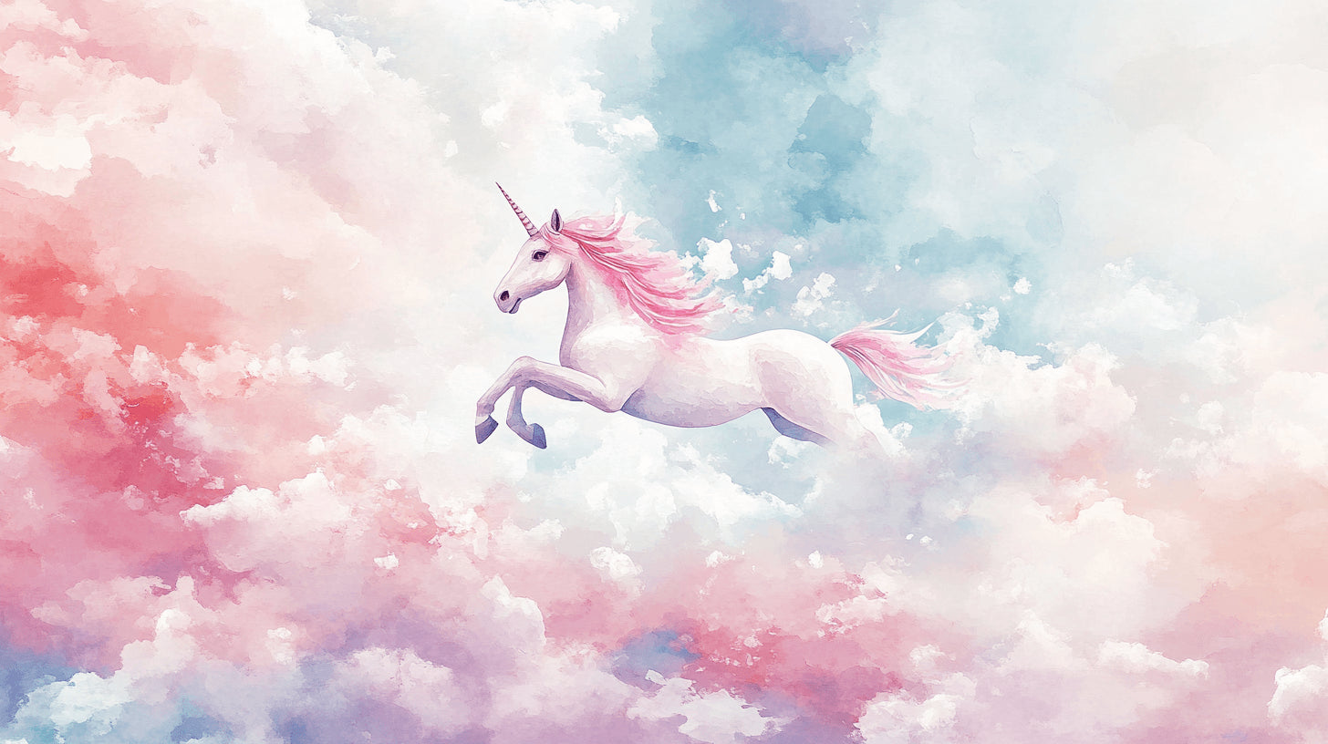 Design file showing detailed unicorn pattern with dreamy pink and blue cloud elements