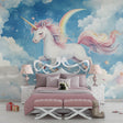 Unicorn wallpaper mural bringing magic to a bright kids bedroom with pink and white furniture