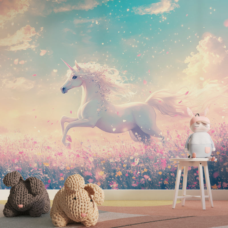Unicorn wallpaper mural in a bright girl's bedroom with pink accents and fairy lights