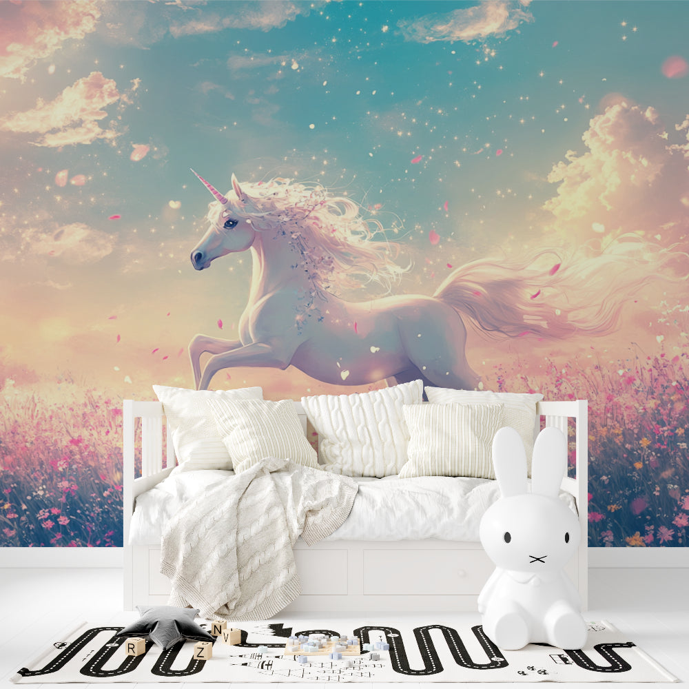 Magical unicorn wall mural featured in a cozy reading nook with soft cushions