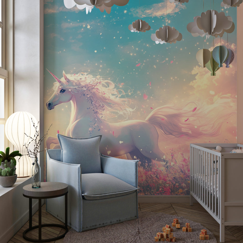 Enchanting unicorn wallpaper transforming a modern playroom with natural lighting