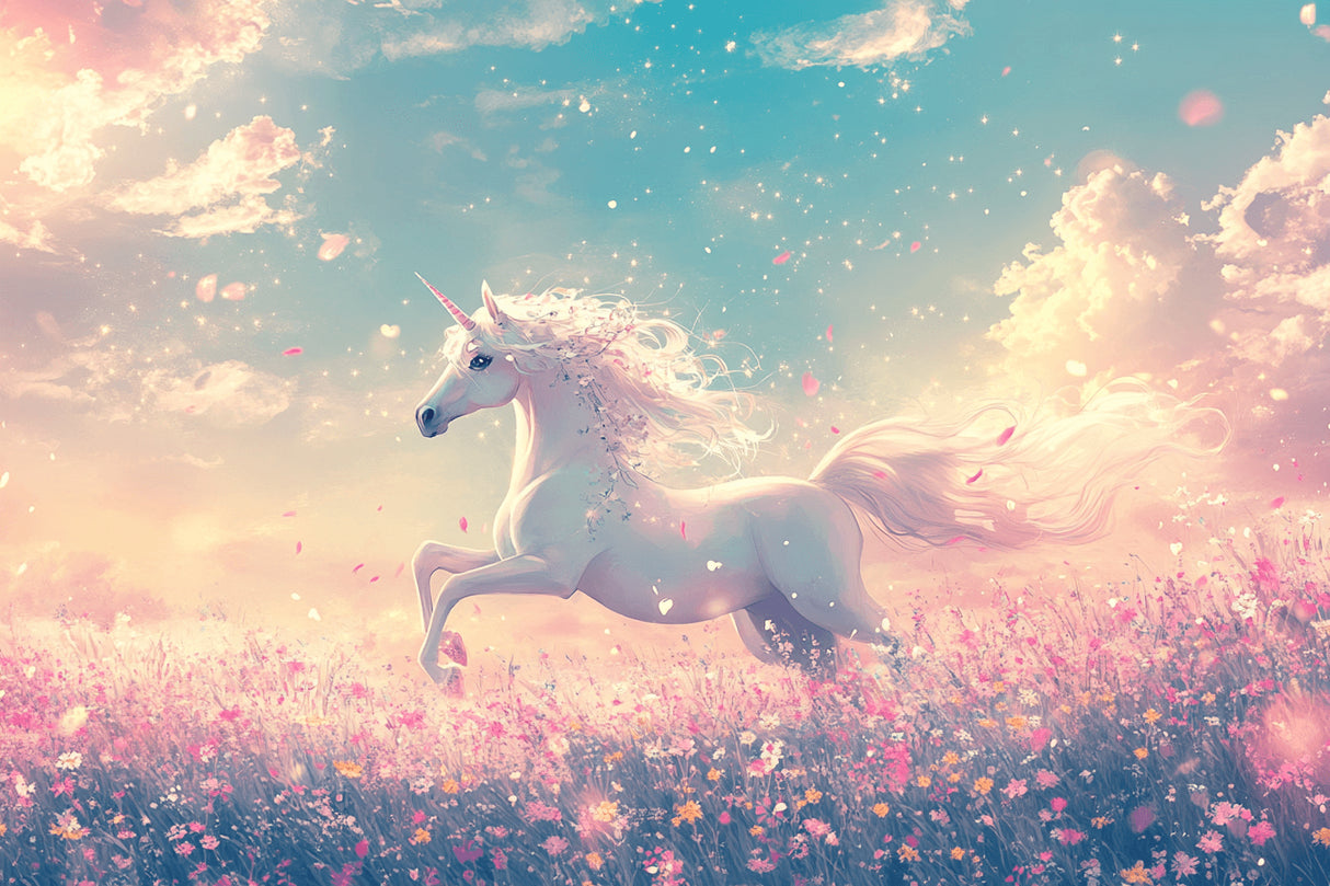 Unicorn fantasy wallpaper design file with magical sunset and pink flower details