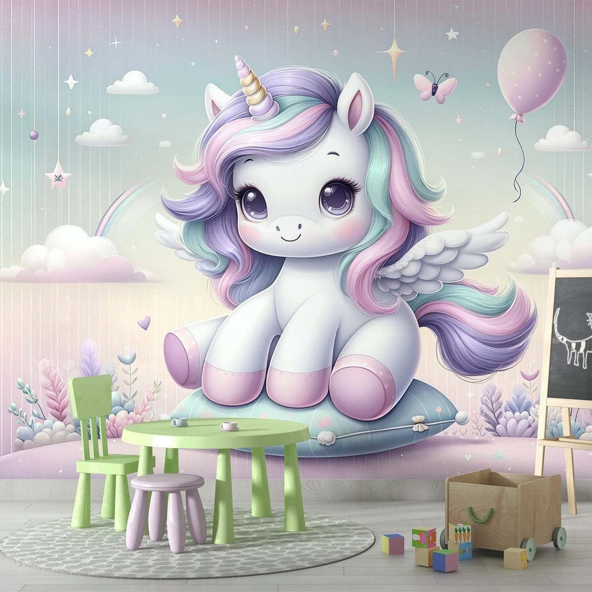 Magical Unicorn Wall Mural creating a dreamy atmosphere in a little girl's bedroom with soft pastel colors and enchanting details