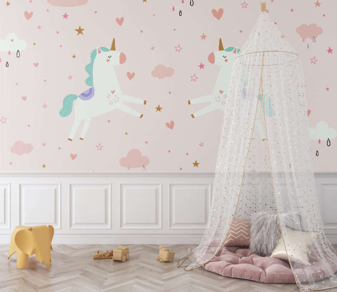 Unicorn wallpaper in a bright kids bedroom with pink curtains and white furniture showing magical ambiance