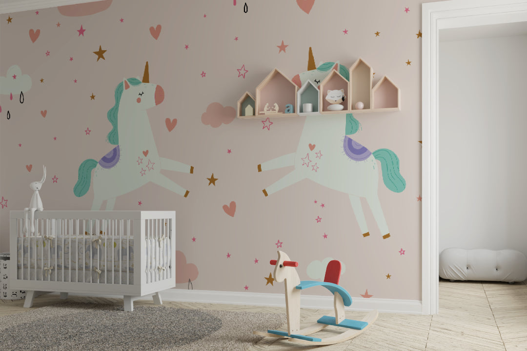 Magical unicorn mural wallpaper installed in a nursery with soft lighting and plush toys