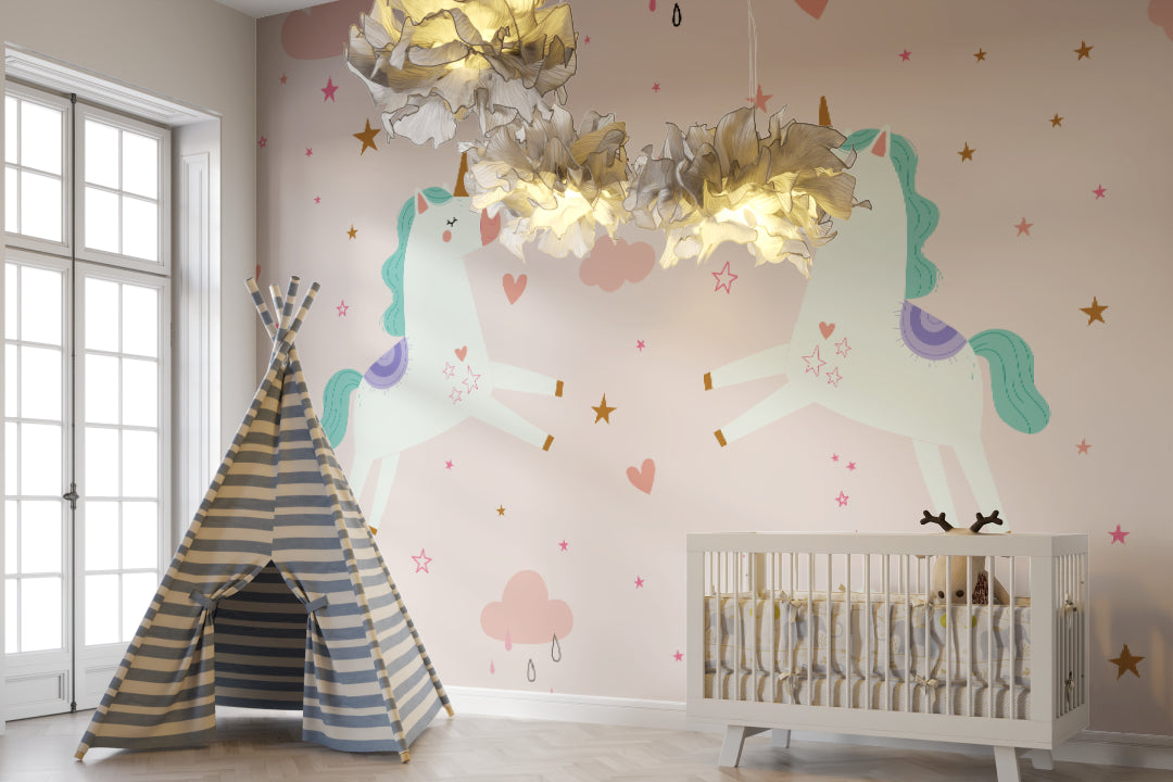 Fantasy unicorn wall mural in a playroom setting with reading nook and pastel decorations