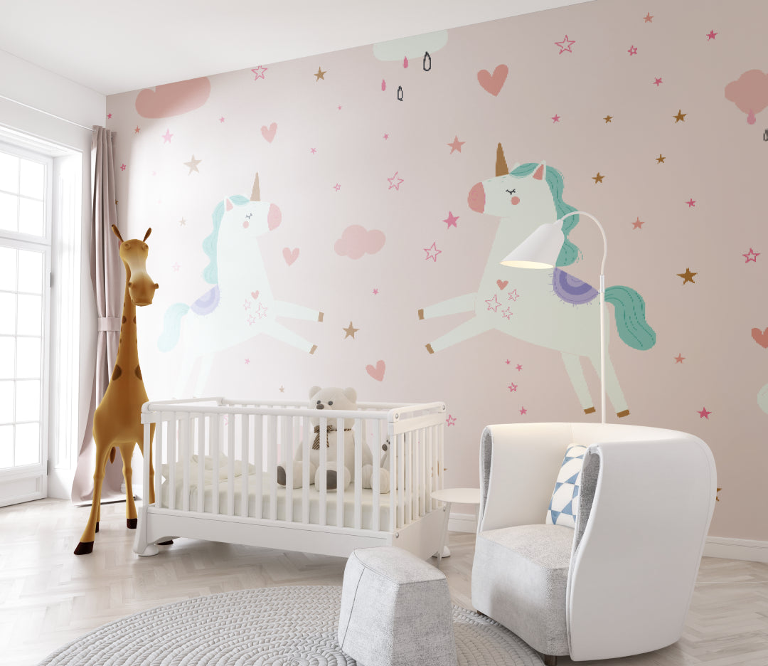 Unicorn and hearts wallpaper featured in a girl's bedroom with matching decor elements
