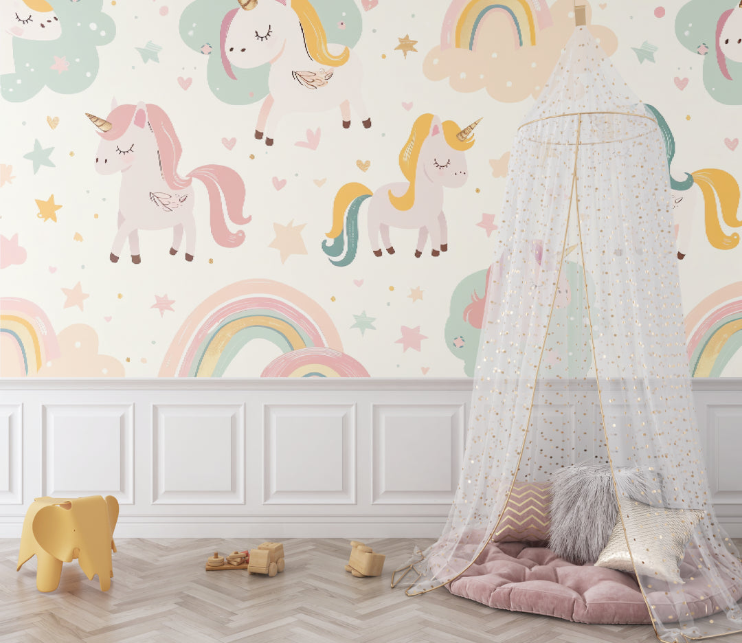 Unicorn nursery wallpaper creating magic in a soft pink baby room with white furniture