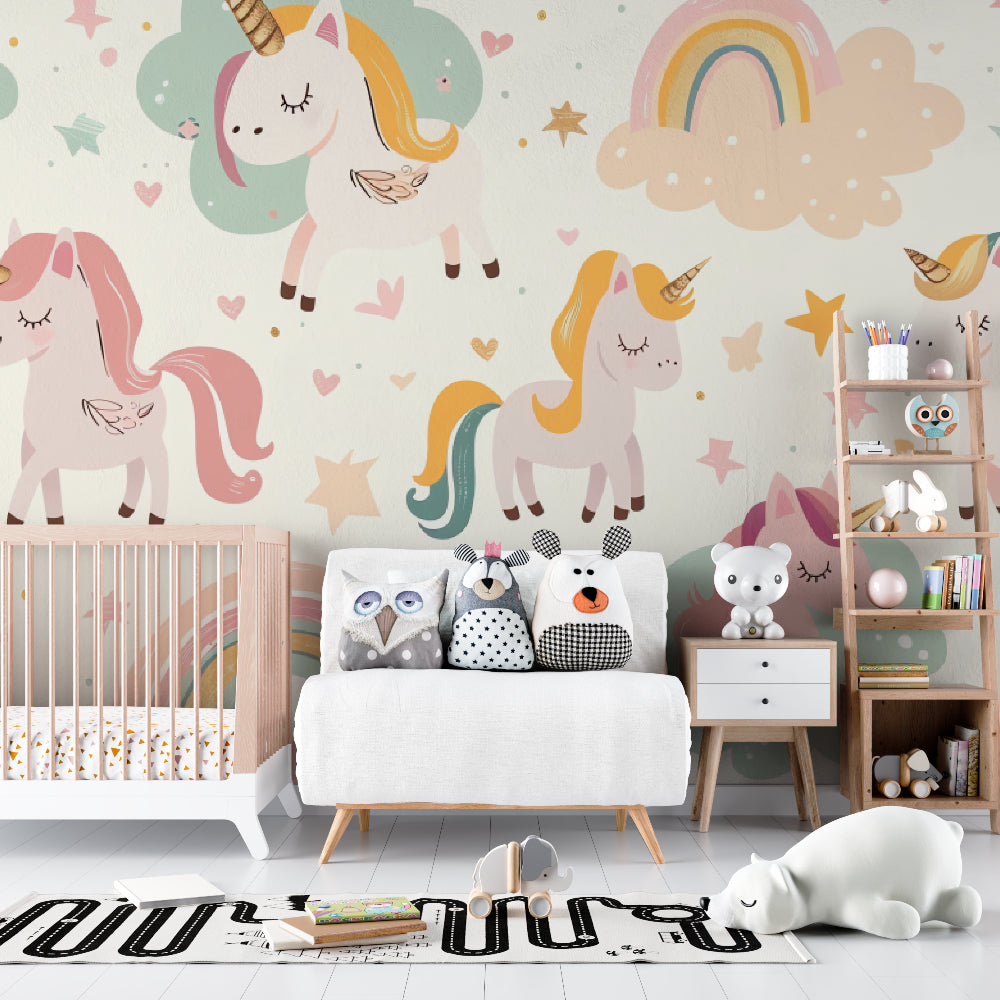 Pastel unicorn wallpaper brightening a girl's playroom with rainbow accents