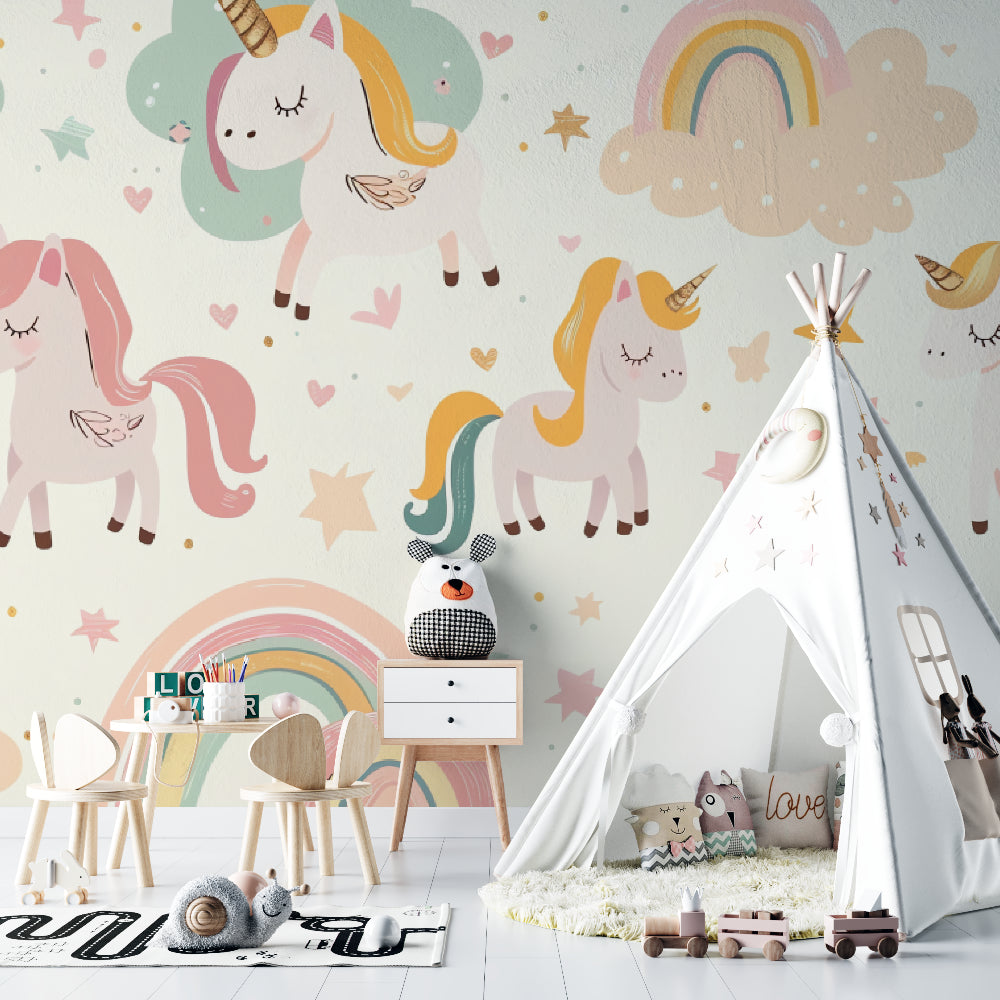 Magical unicorn mural in a modern kids bedroom with mint green details