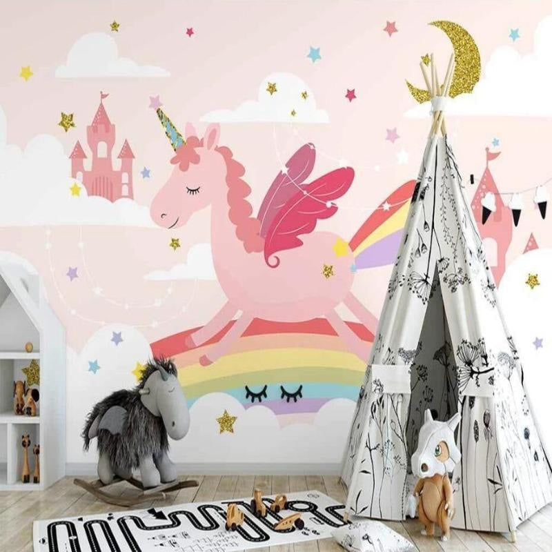 Magical princess castle wallpaper creating a dreamy atmosphere in a playroom with reading nook