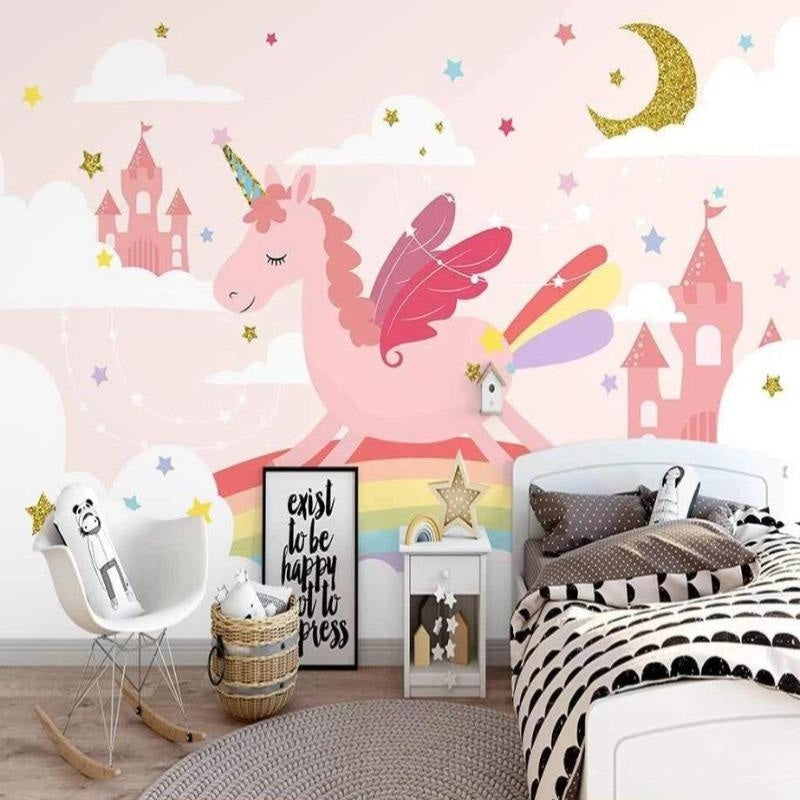 Fantasy unicorn wall mural showcased in a nursery with pink and gold accents