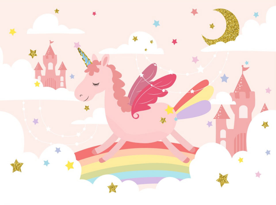 Unicorn and castle wallpaper design file showing full pattern with detailed rainbow and golden stars