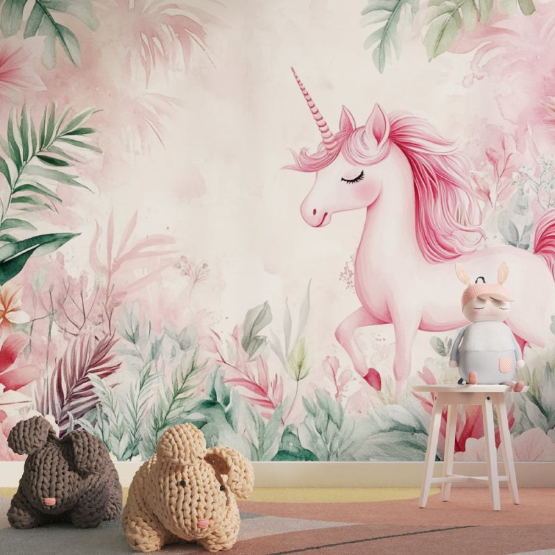 Pink unicorn wallpaper creating a magical atmosphere in a bright nursery with white furniture