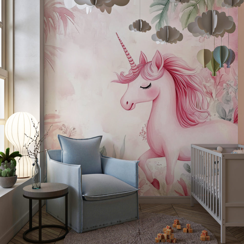 Unicorn wall mural bringing charm to a girl's bedroom with pink accents