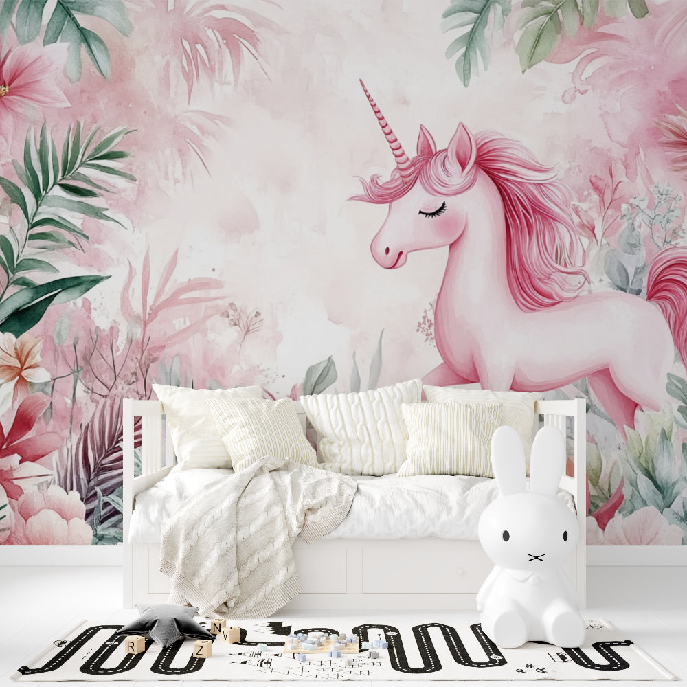 Fantasy unicorn wallpaper displayed in a modern playroom setting