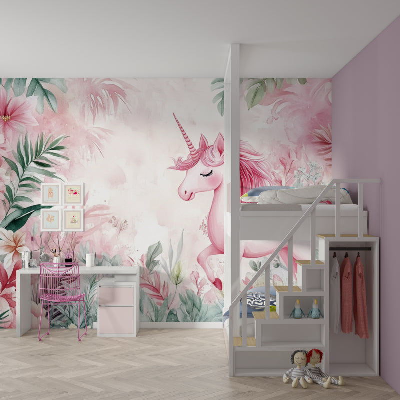 Tropical unicorn wallpaper showcased in a children's study area
