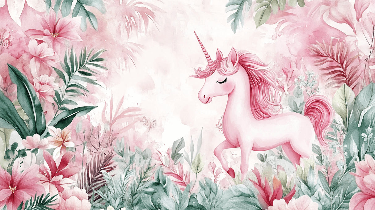 Design file of pink unicorn with tropical leaves pattern on white background