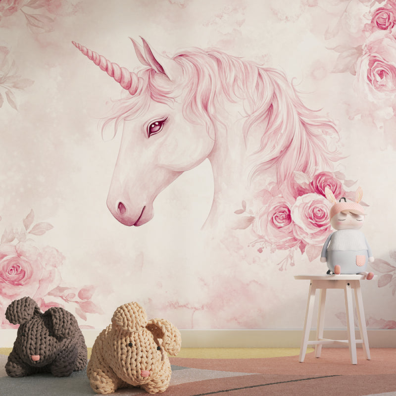 Unicorn wall mural in a bright girl's bedroom, showing pink floral fantasy design with soft lighting