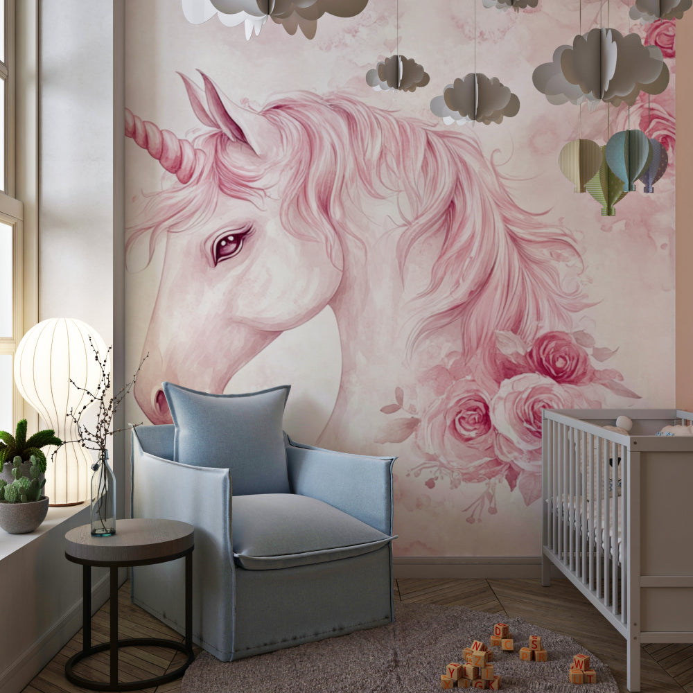 Magical unicorn mural in a playroom setting with natural daylight