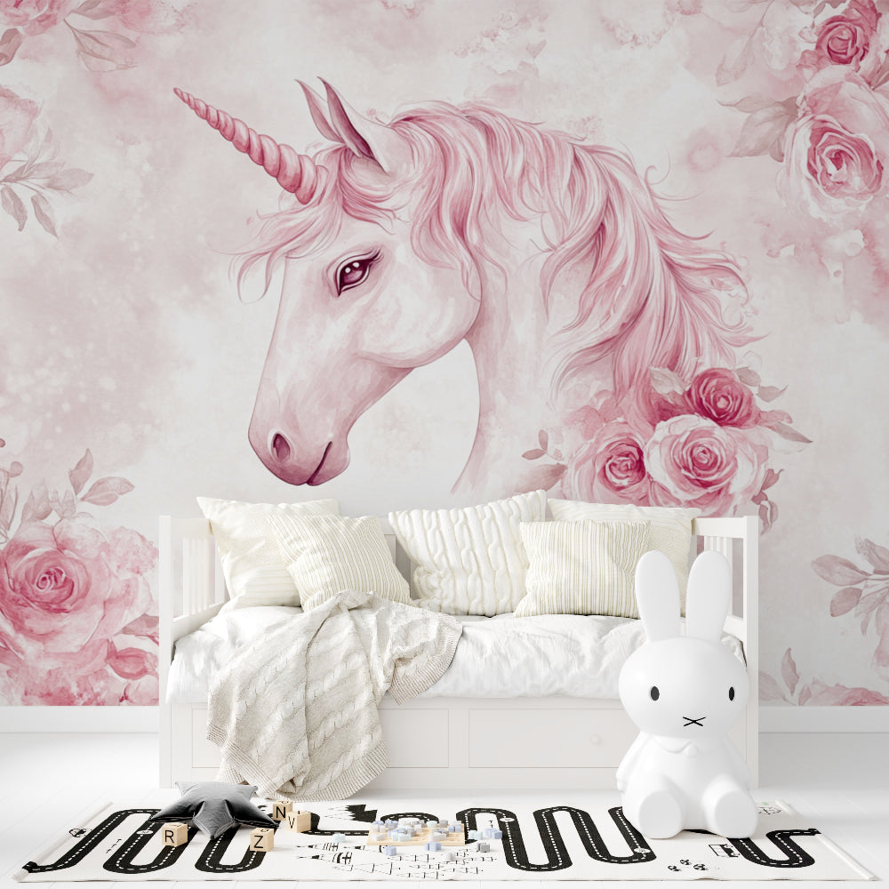 Fantasy unicorn wall mural displayed in a reading nook with cozy seating