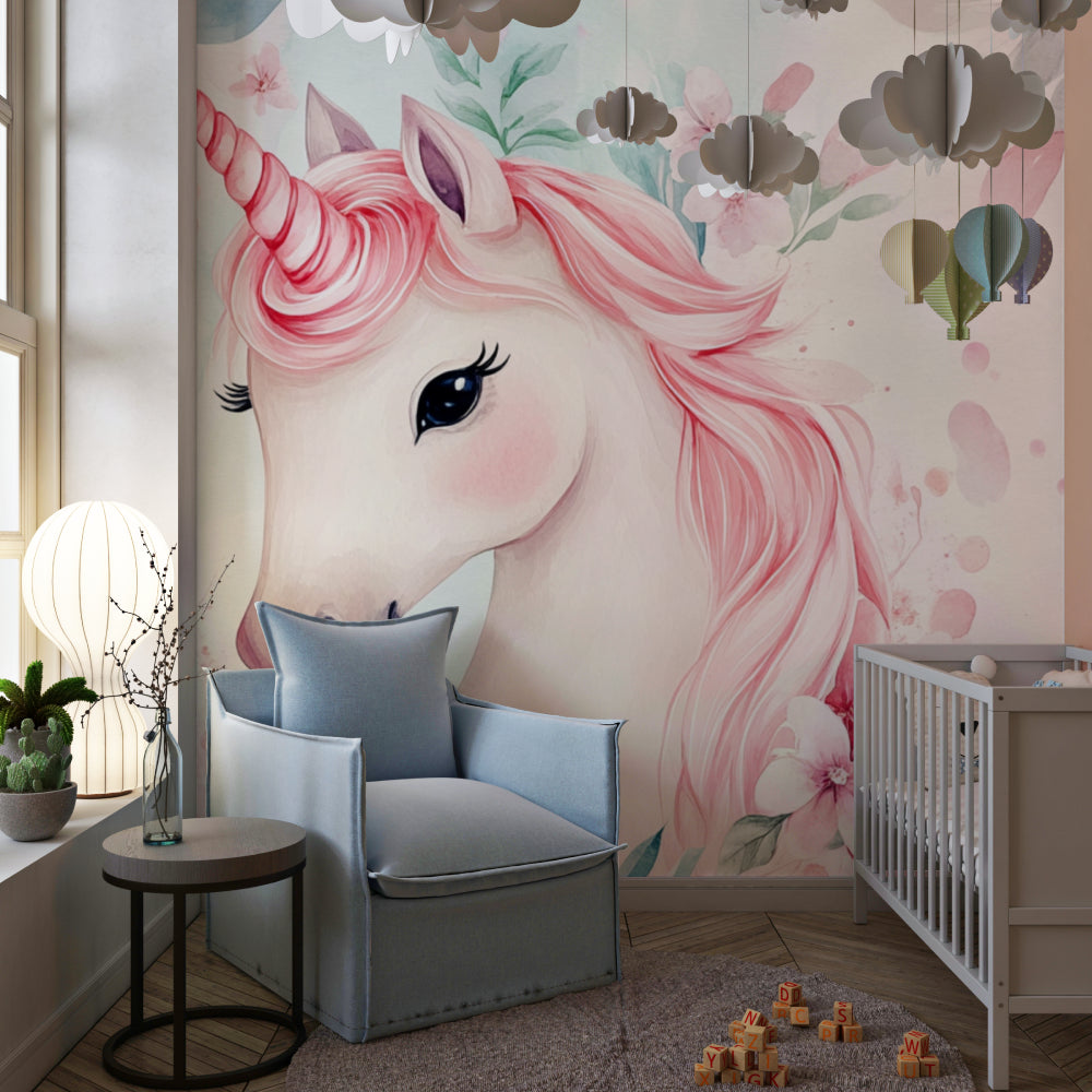 Fantasy Unicorn Wallpaper transforming a playroom with pink and floral accents