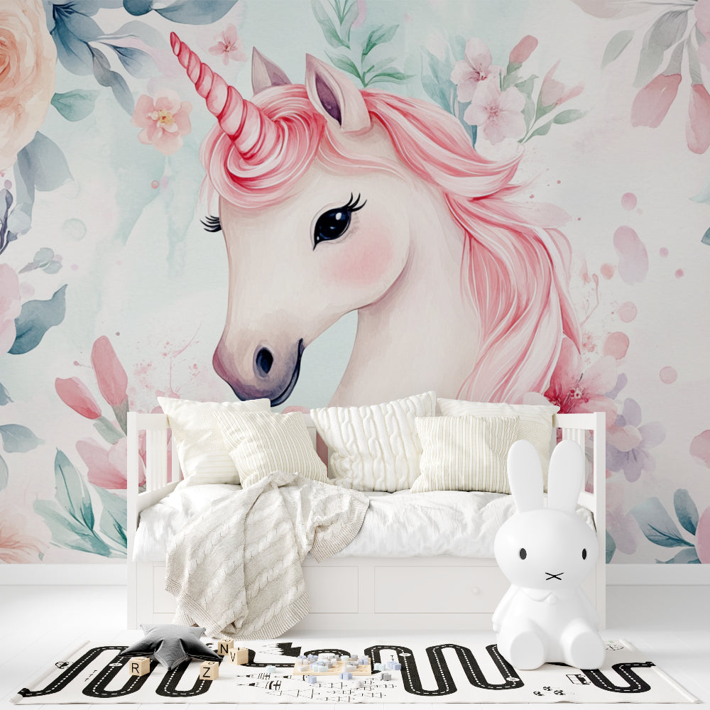 Pink Floral Unicorn Mural in a nursery with white crib and fairy lights