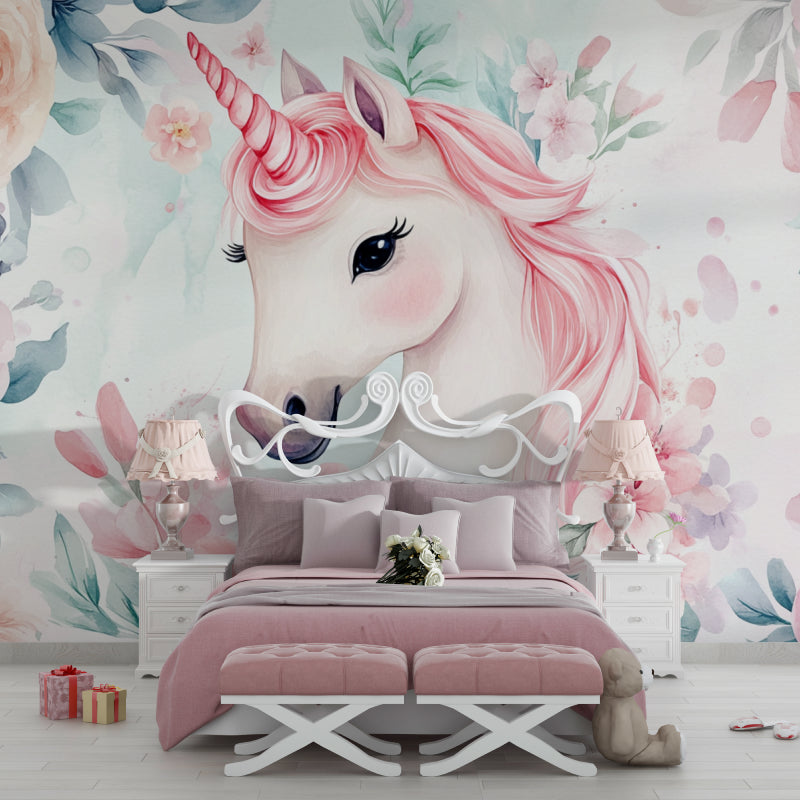 Unicorn Wall Mural bringing magic to a child's study area with pastel details