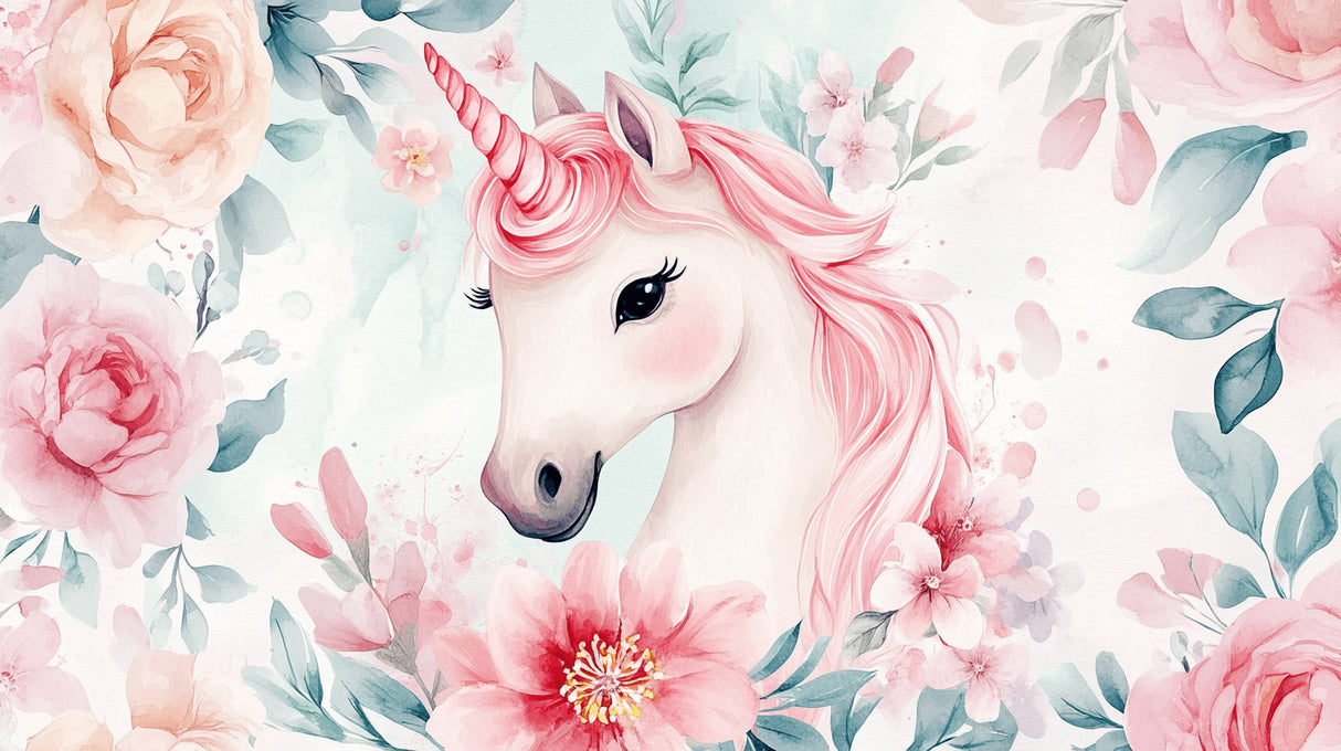 Unicorn and floral fantasy design file with pink watercolor blooms