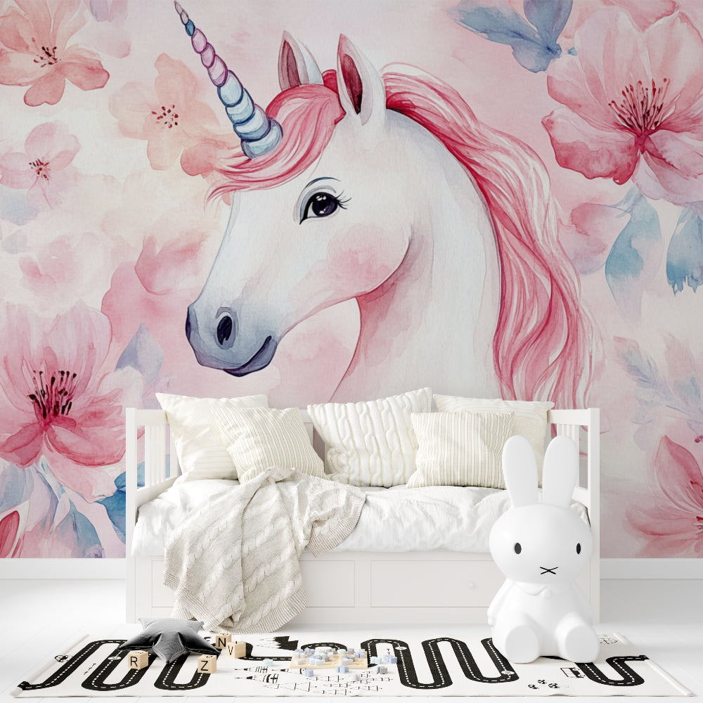 Pink unicorn wall mural creating magic in a modern playroom setting
