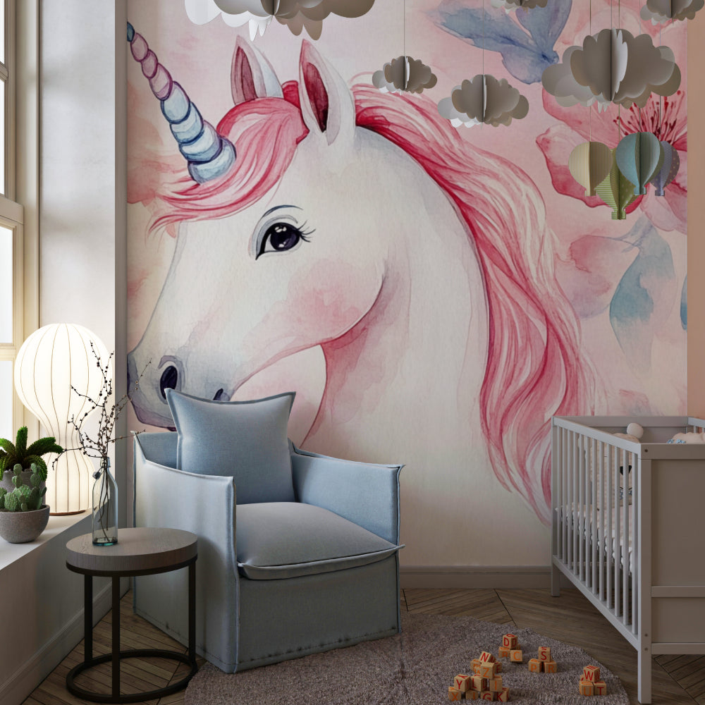 Magical unicorn wallpaper displayed in a nursery with soft lighting